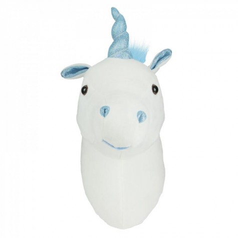 Dierenkop Unicorn Wit Blauwe Glitterhoorn 32 cm